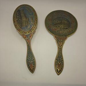 Vintage Brass Parthenon Greece Hand Mirror and Hair Brush Vanity Set Ornate
